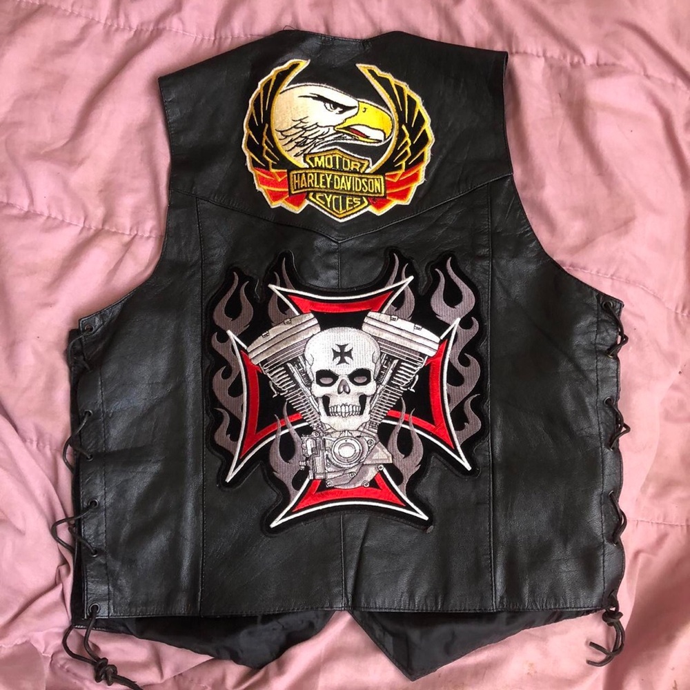 Harley Davidson Leather Vest Jacket Black Biker Flames Eagle Cross Skull Patches